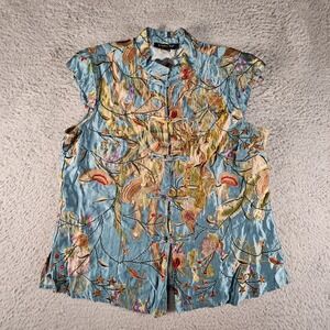 CITRON Santa Monica Top Womens L Silk Linen Blend Asian Crane Tattoo Y2K Geisha